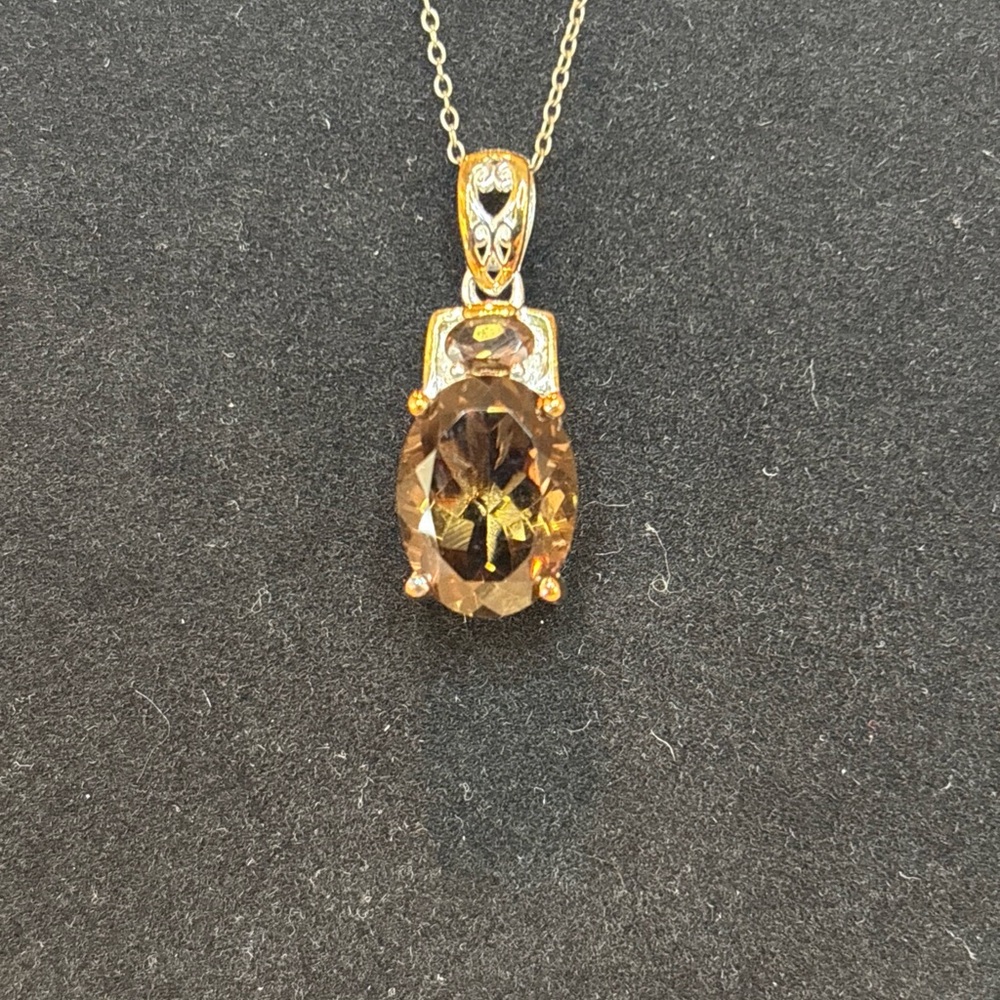 Stunning Smoky Quartz Pendant Sterling Silver Necklace with Gold Accents on 925
